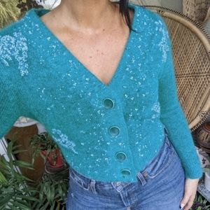 Lewit XS Luxury Beaded Cardigan Sweater Teal  Mohair & Merino Wool Blend Knit